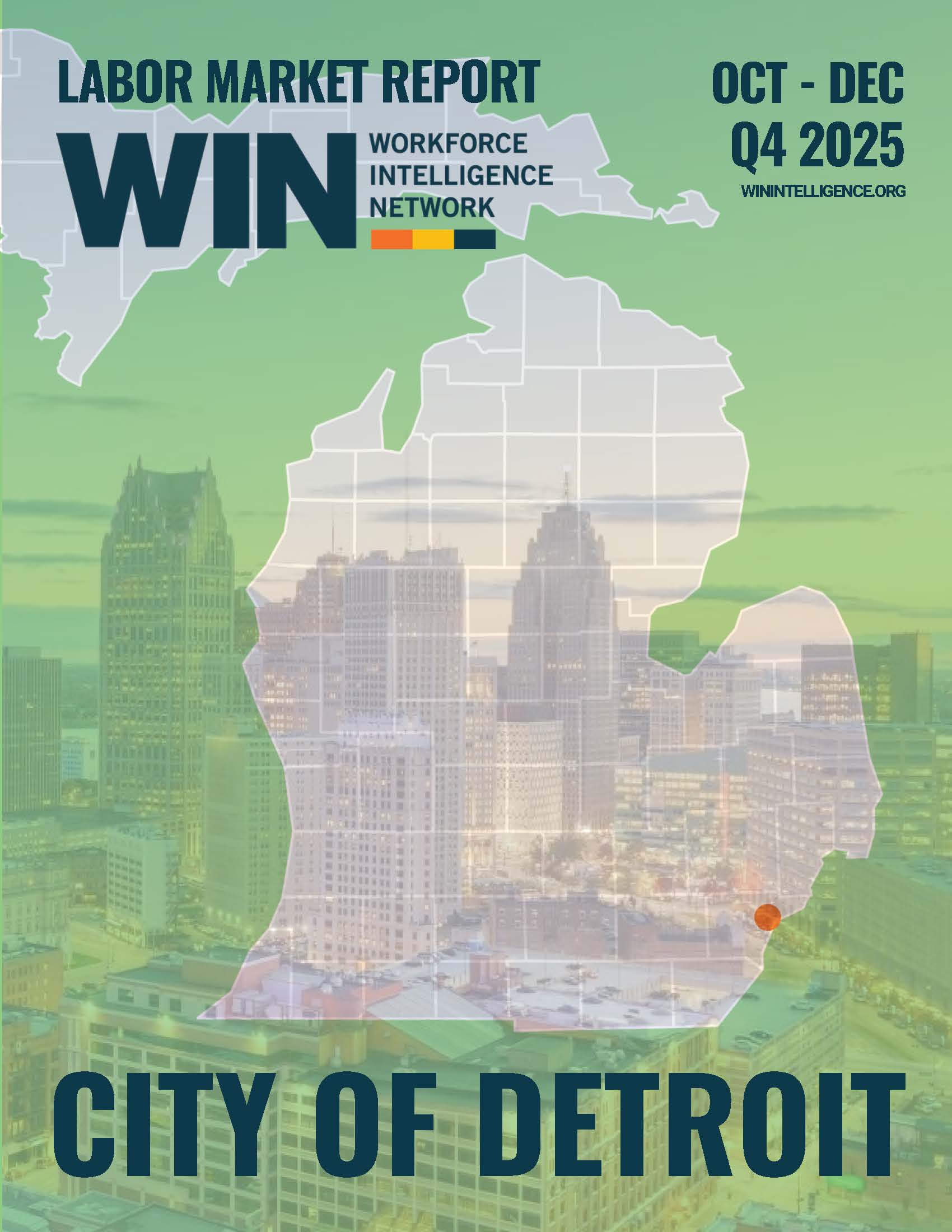 Cover with outline of michigan and a city in the background